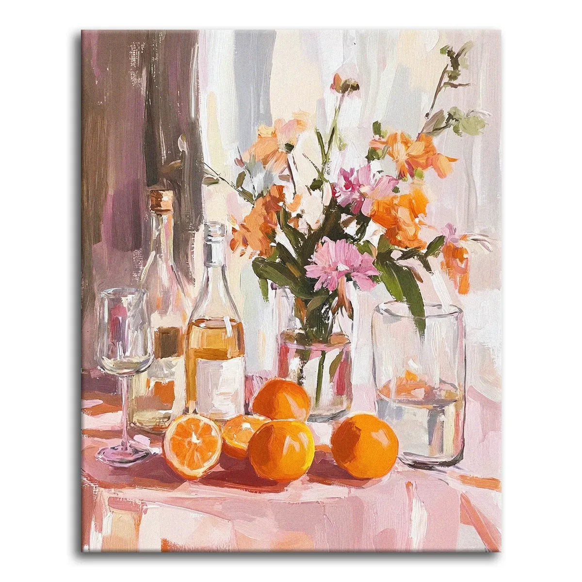 A paint by numbers still life with orange and pink flowers in a vase, a bottle, wine glass, and fresh oranges on a pink table.