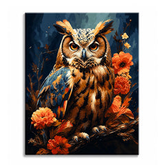 A paint by numbers canvas of an owl with amber eyes perched on a branch, framed by orange blooms against a deep midnight blue background.