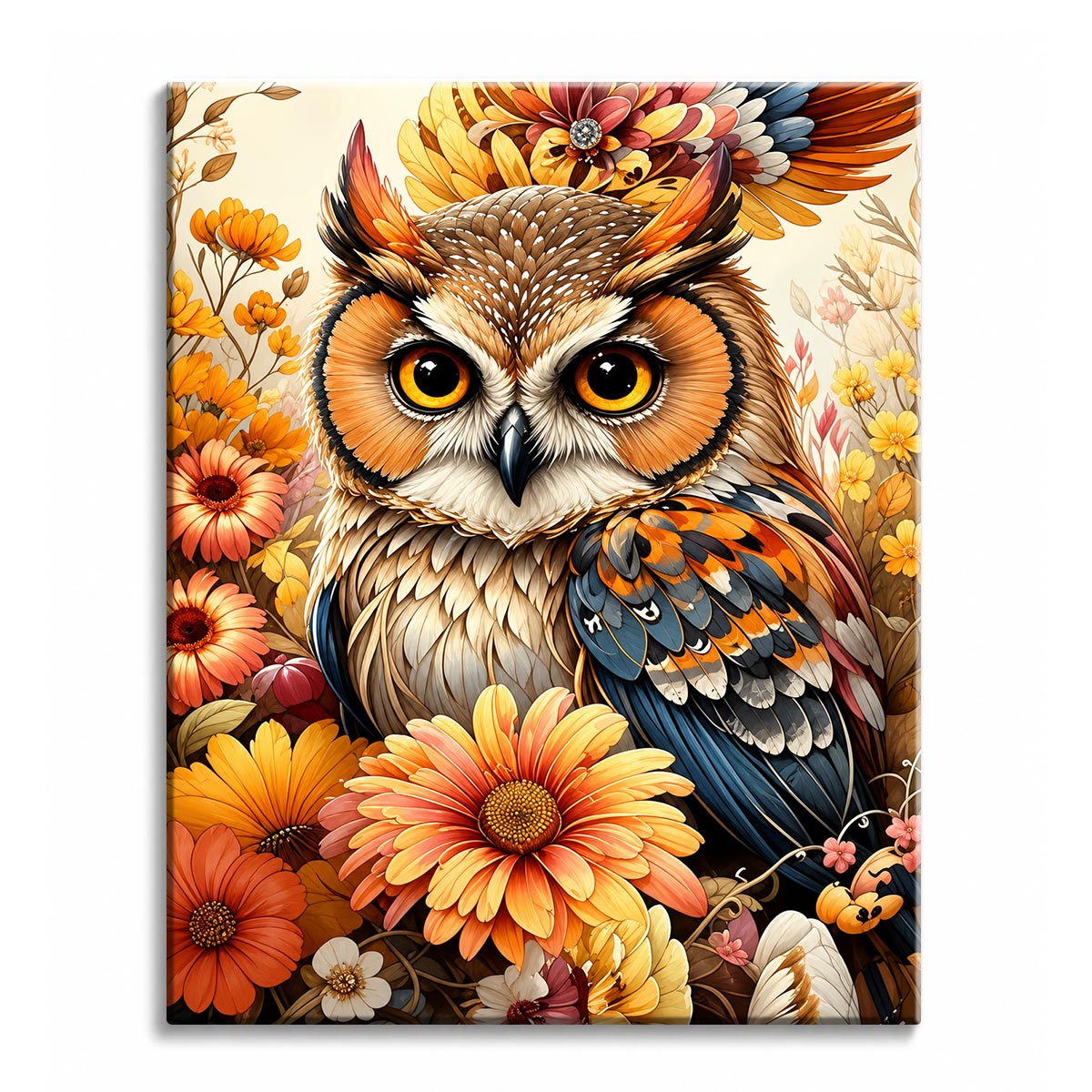 A paint by numbers canvas of a golden-eyed owl surrounded by orange and yellow gerberas and daisies in warm autumn tones.
