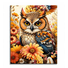 A paint by numbers canvas of a golden-eyed owl surrounded by orange and yellow gerberas and daisies in warm autumn tones.