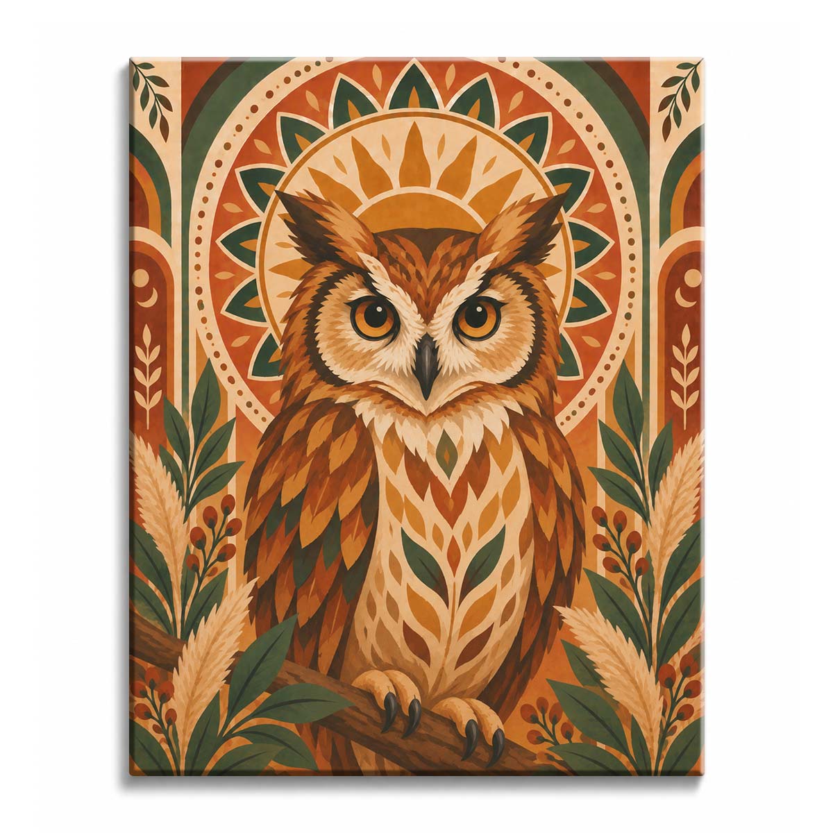 On a slanting branch, a brown owl faces forward in a paint by numbers design with amber eyes, pointed ear tufts, a golden sunburst, and dark green foliage.