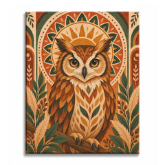 On a slanting branch, a brown owl faces forward in a paint by numbers design with amber eyes, pointed ear tufts, a golden sunburst, and dark green foliage.