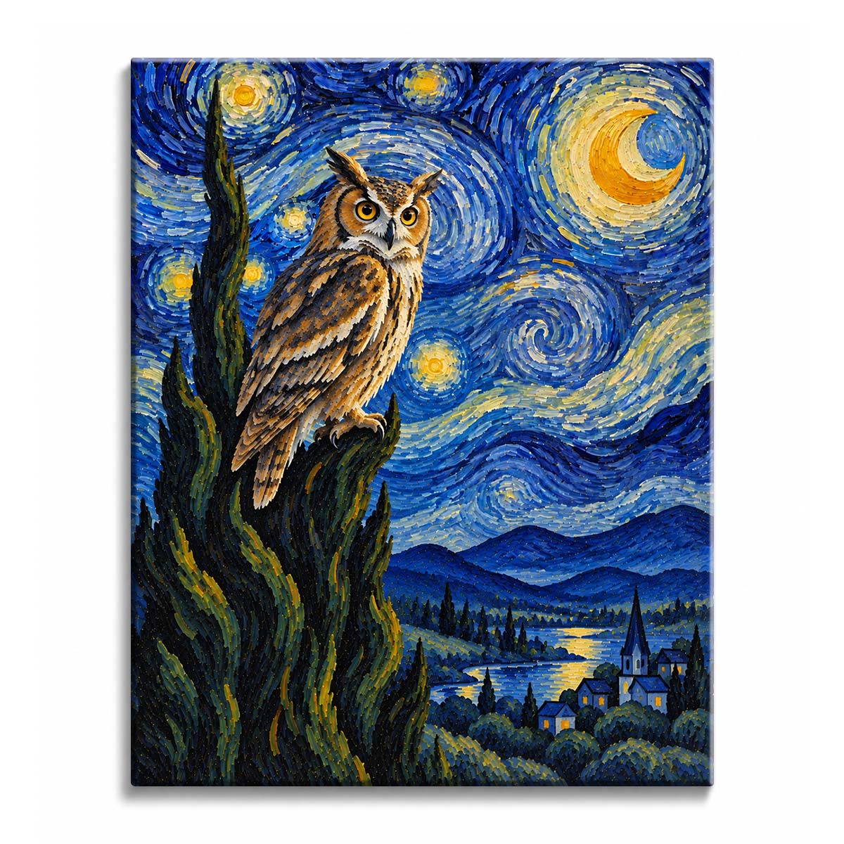 A Van Gogh style owl paint by numbers design showing an owl with ear tufts perched on a tall cypress beneath a crescent moon, above a lakeside village.