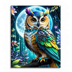 A paint by numbers canvas of an owl with gold and turquoise feathers perched before a glowing full moon in an enchanted forest with luminous leaves.