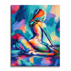 A seated woman leans back with lowered arms as turquoise, coral, violet, and cream strokes break across her body in an abstract seated woman paint by numbers design with layered brush texture.