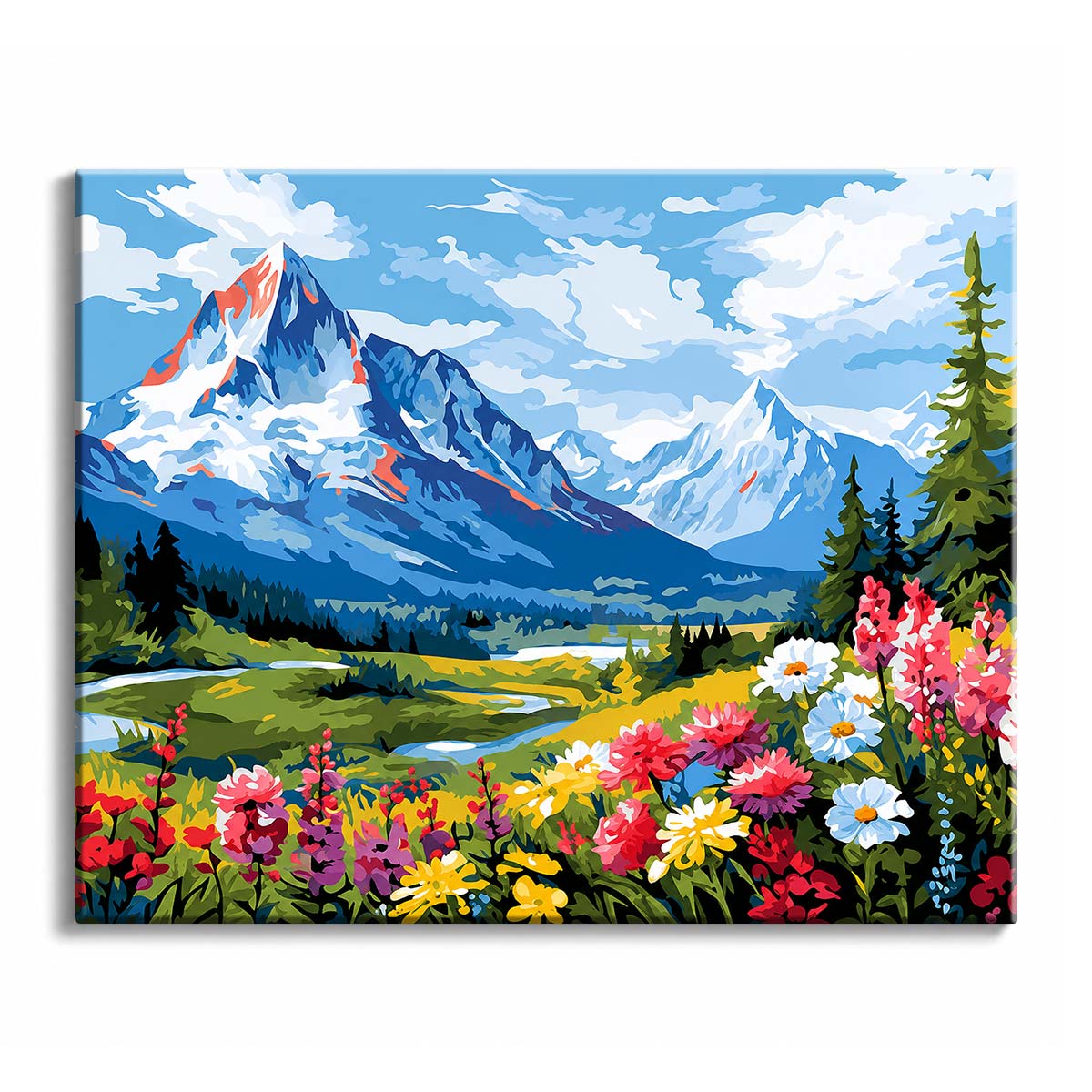 An alpine valley opens between snow-capped peaks and dark firs, with a river winding past a meadow of pink, white and yellow flowers.