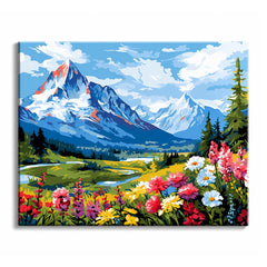 An alpine valley opens between snow-capped peaks and dark firs, with a river winding past a meadow of pink, white and yellow flowers.