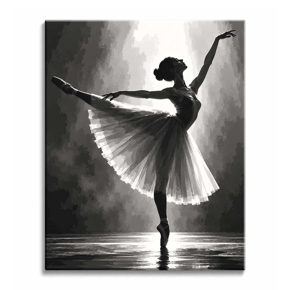 A spotlight pours down on a ballerina balanced on pointe in a long arabesque, her tulle skirt glowing above a glossy stage floor, in a paint by numbers design drawn in black, white and gray.