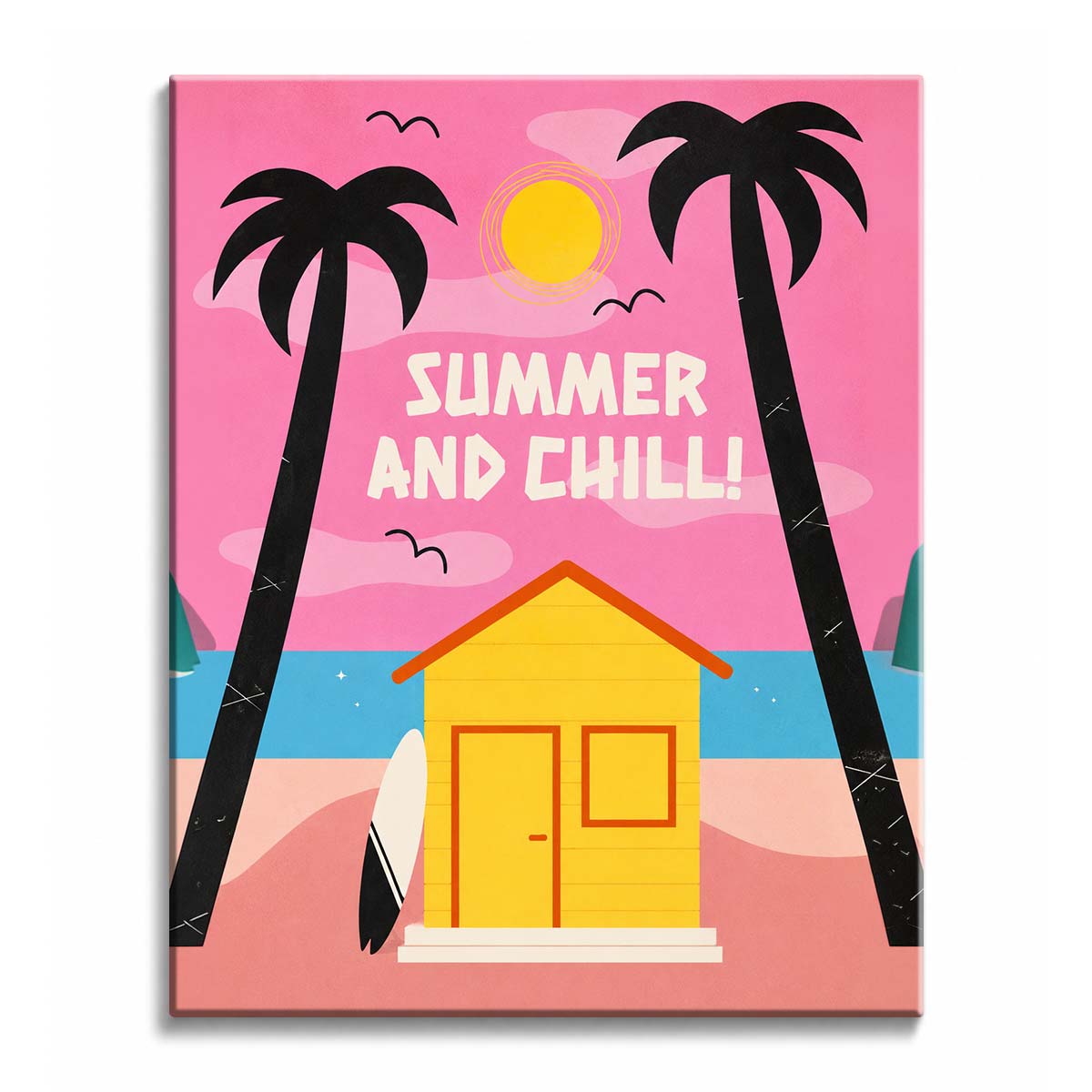 Two black palm silhouettes frame a yellow beach hut under a pink sky with bold summer lettering, in a paint by numbers design.