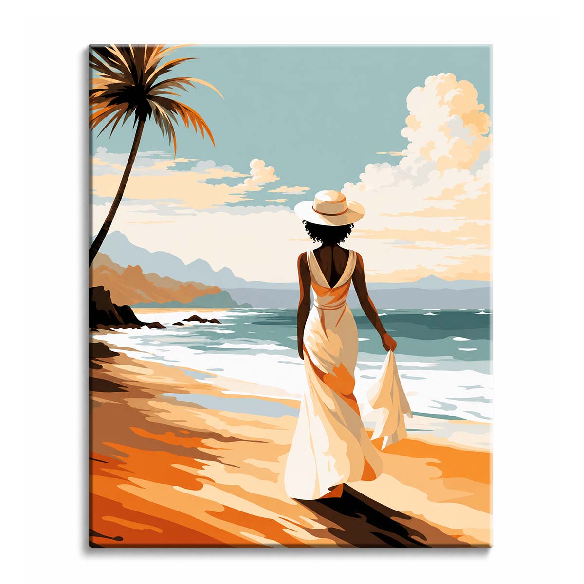 A beach walk paint by numbers design showing a woman in a cream dress and sun hat walking along a warm shoreline under a palm.
