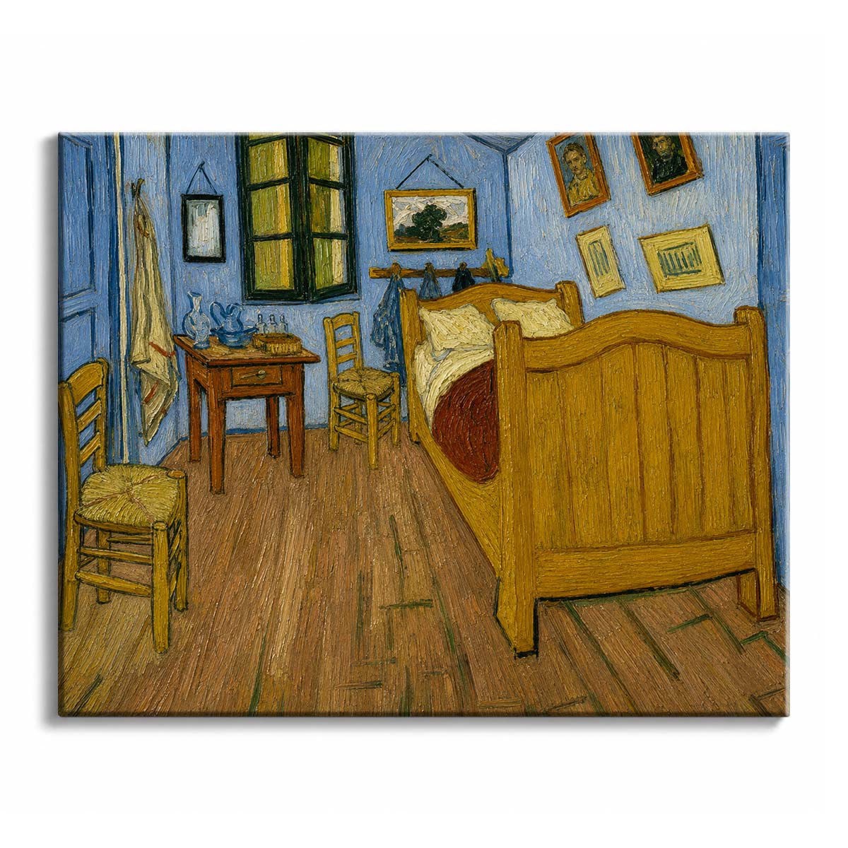A small bedroom with blue walls, a yellow wooden bed and two rush chairs, in a paint by numbers design.