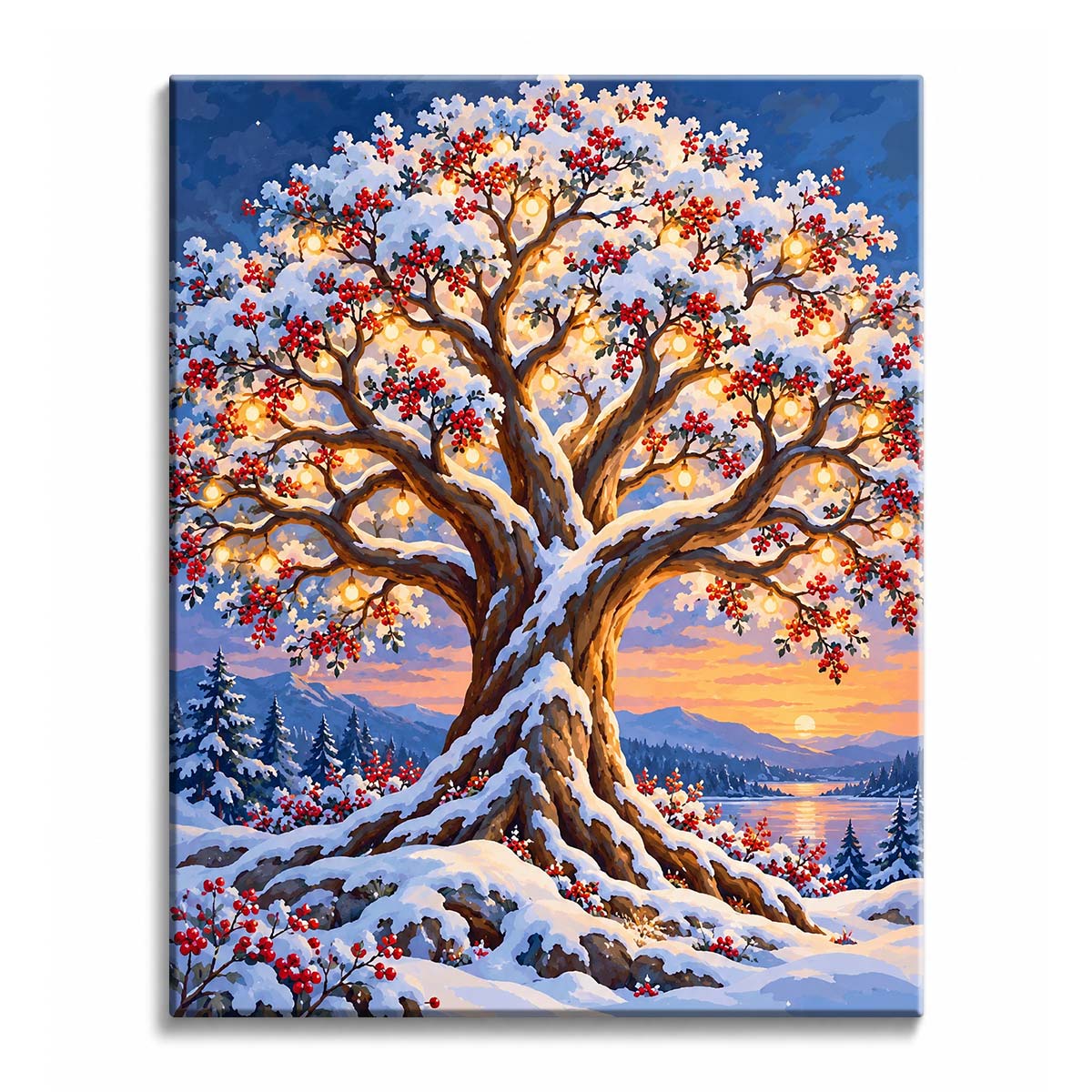 Warm lights glow among red berries and snow-covered branches in a berry tree paint by numbers design above mountains and a winter lake at sunset.