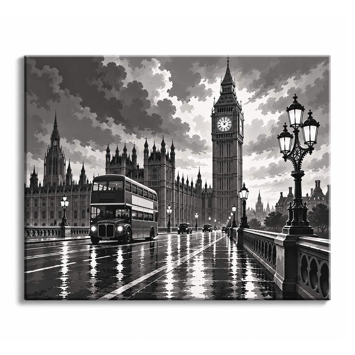 Big Ben and a London double-decker bus in a black and white paint by numbers design, with Westminster spires, lamps and wet-road reflections under heavy clouds.