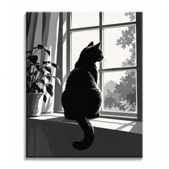 On a sunlit windowsill, a black cat in silhouette gazes out beside a leafy plant, in a black and white paint by numbers design.