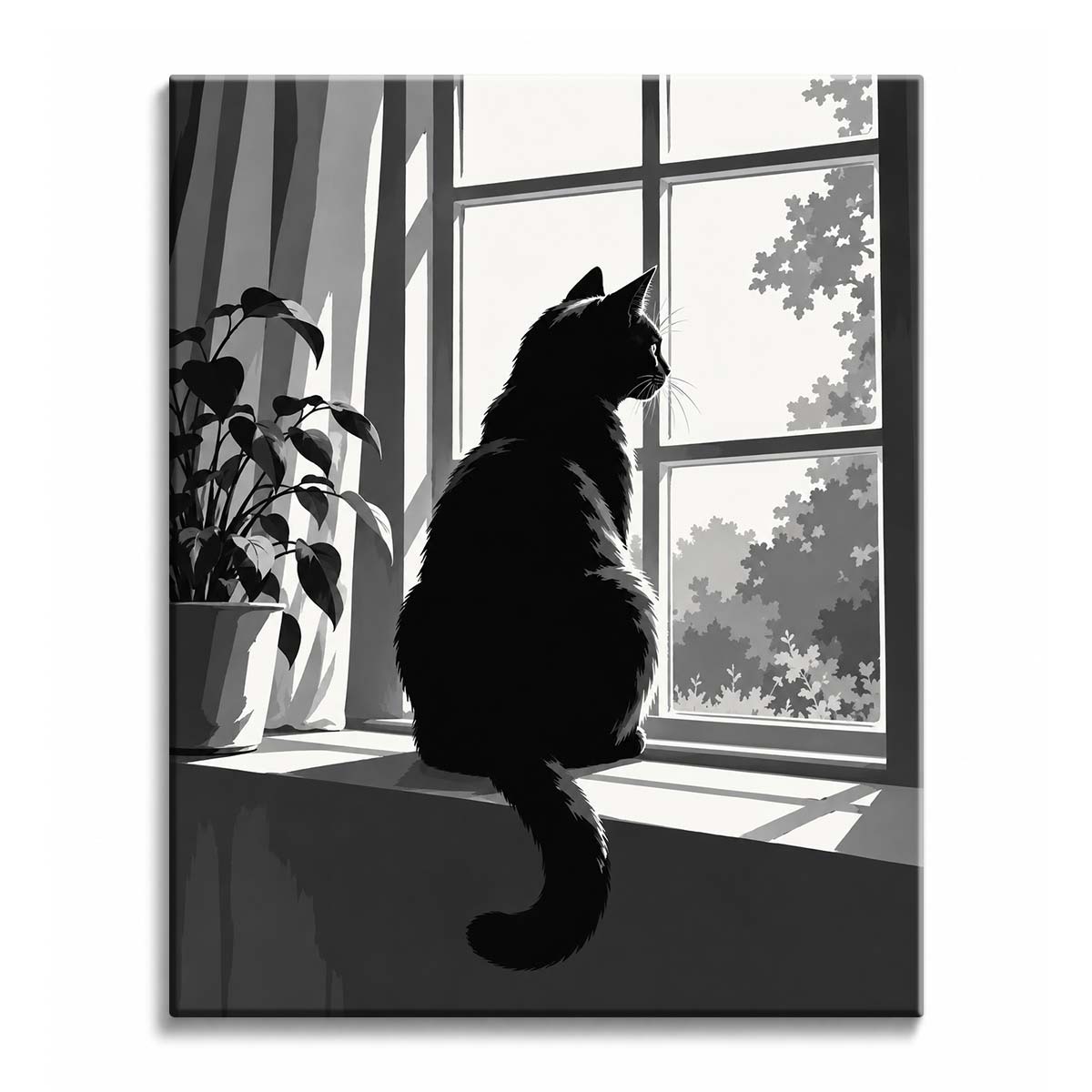 On a sunlit windowsill, a black cat in silhouette gazes out beside a leafy plant, in a black and white paint by numbers design.