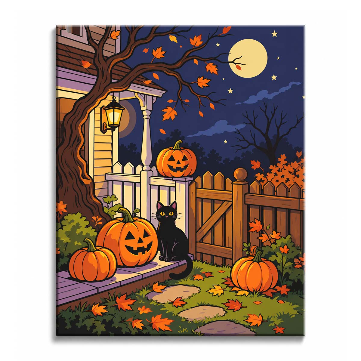 Watching from a moonlit porch, a black cat sits between jack-o'-lanterns beside a wooden gate, in a paint by numbers design.