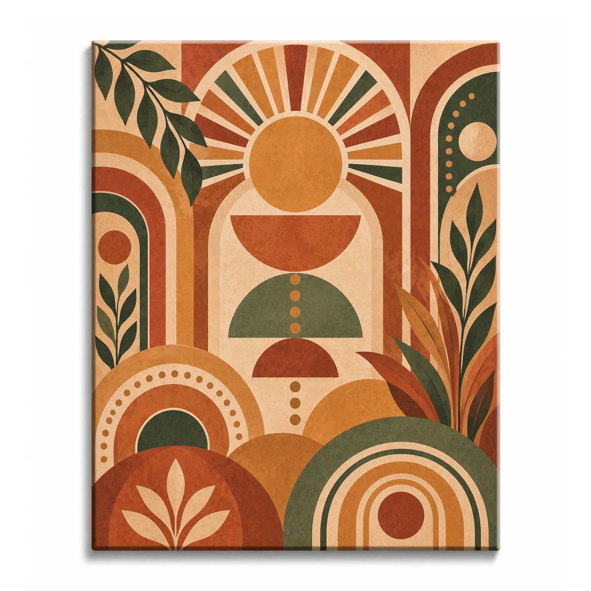 Warm terracotta arches, green leaf forms, sun rays, circles, and dotted bands interlock in a boho abstract paint by numbers design with layered botanical geometry.