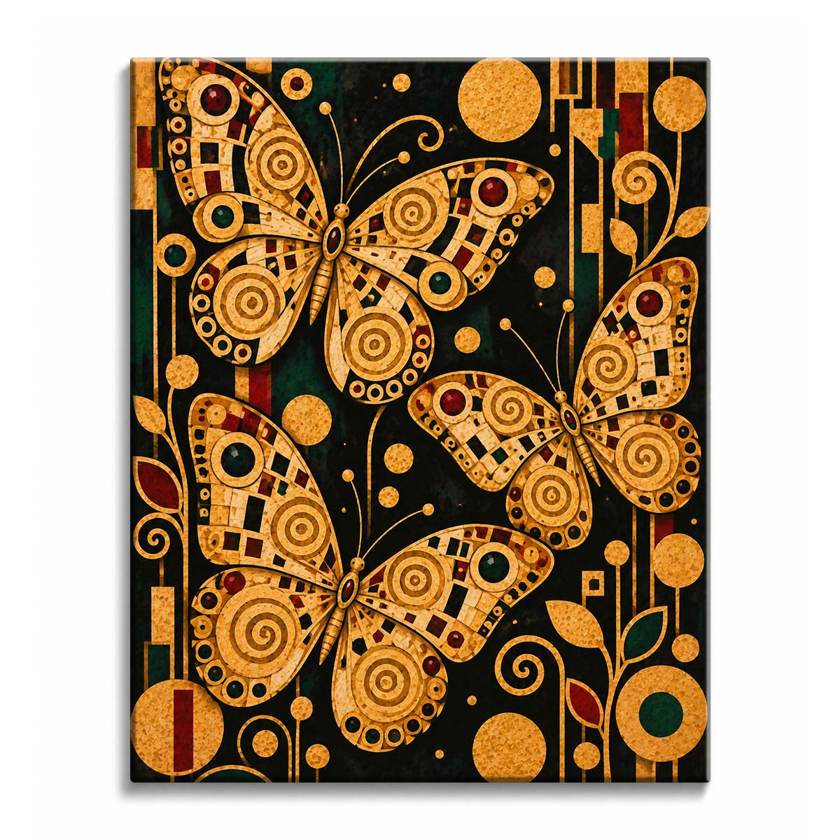 Against a black mosaic background, golden butterflies with spiral-patterned wings rise among ornamental stems, in a paint by numbers design.