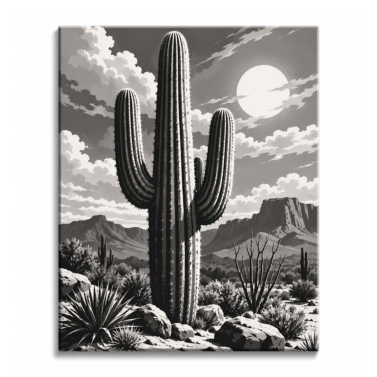 A tall saguaro cactus with ribbed arms among rocks, spiky desert plants, and brush, with mesas and a cloud-streaked sky behind, in a black and white paint by numbers design.