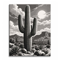 A tall saguaro cactus with ribbed arms among rocks, spiky desert plants, and brush, with mesas and a cloud-streaked sky behind, in a black and white paint by numbers design.