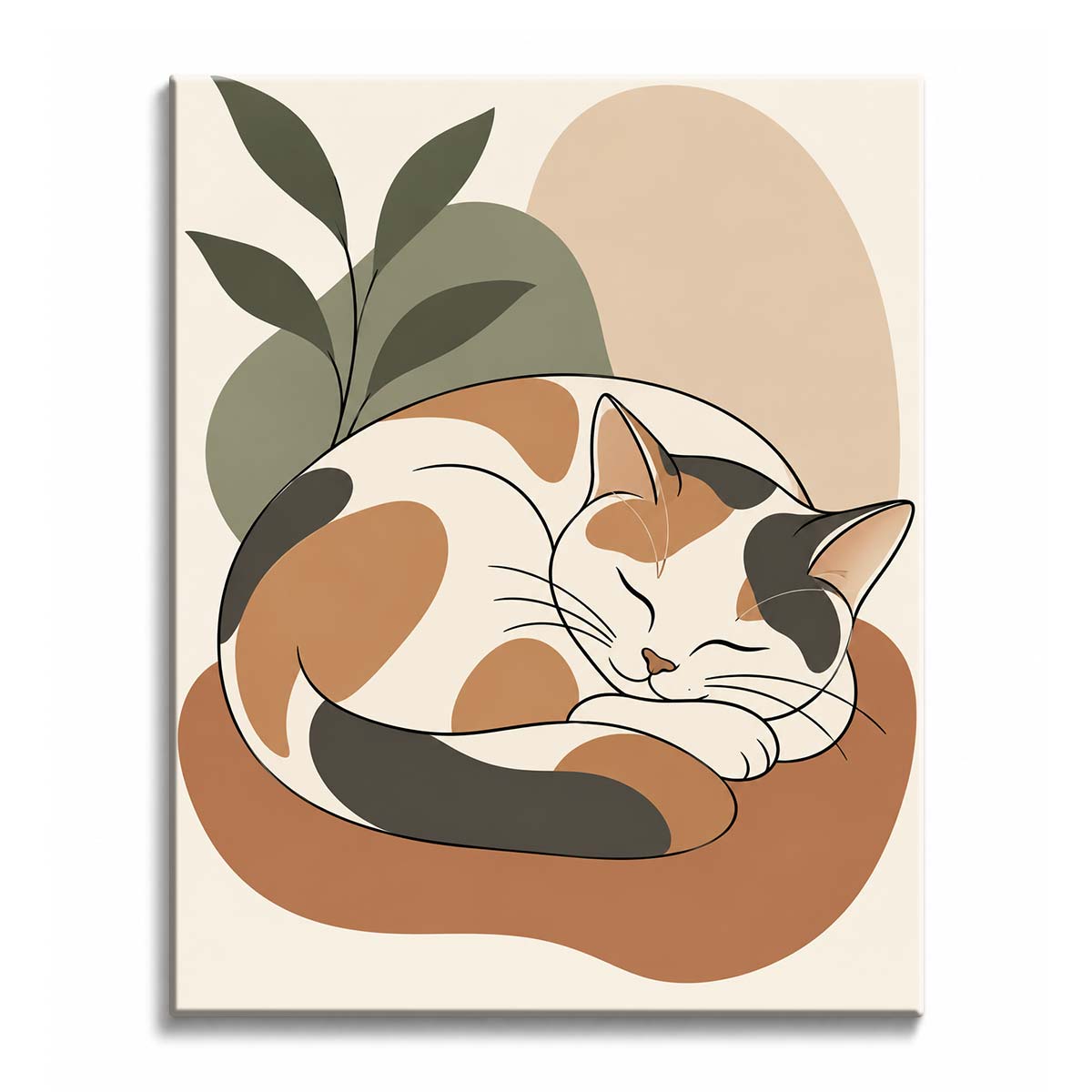 A calico cat paint by numbers design showing a sleeping cat curled up among sage and earth-tone shapes.