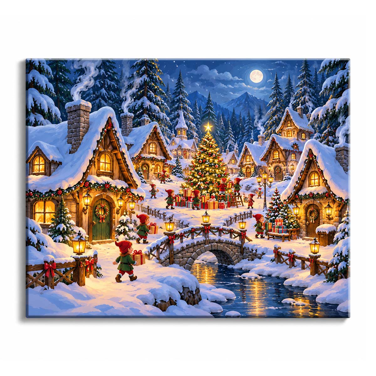 A paint by numbers design of a snowy Christmas elf village with glowing cottages, a decorated tree, full moon, bridge, and reflected lights on the stream.