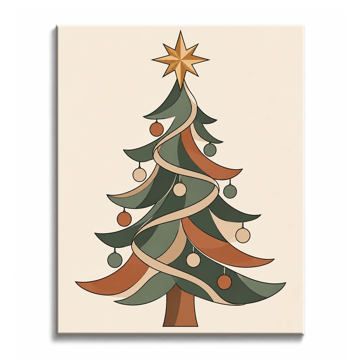 A Christmas tree paint by numbers design showing a faceted gold star above sweeping green boughs wrapped in a cream ribbon, with round baubles.
