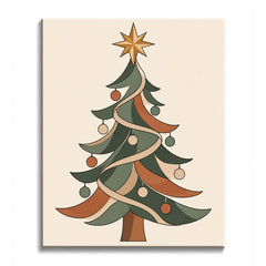 A Christmas tree paint by numbers design showing a faceted gold star above sweeping green boughs wrapped in a cream ribbon, with round baubles.