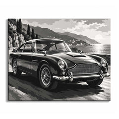 A dark classic car with chrome bumpers and wire wheels, in a black and white paint by numbers design, on a coast road above a sunlit sea.
