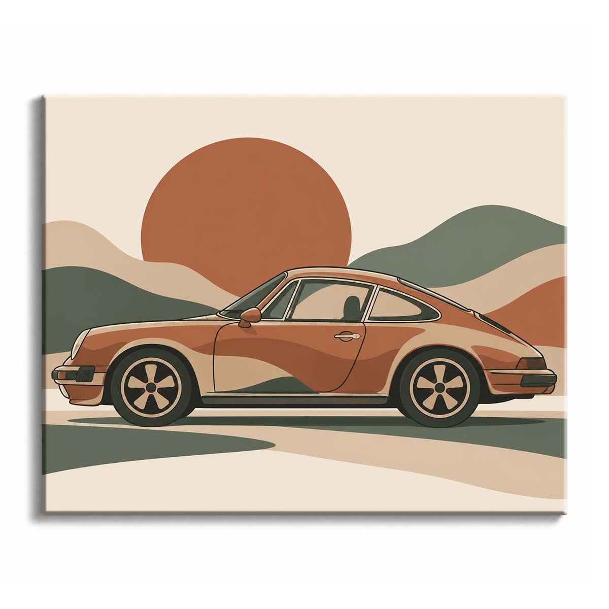 A rust classic car sits side-on in a paint by numbers design with a wide sunset, layered hills, and a pale road.