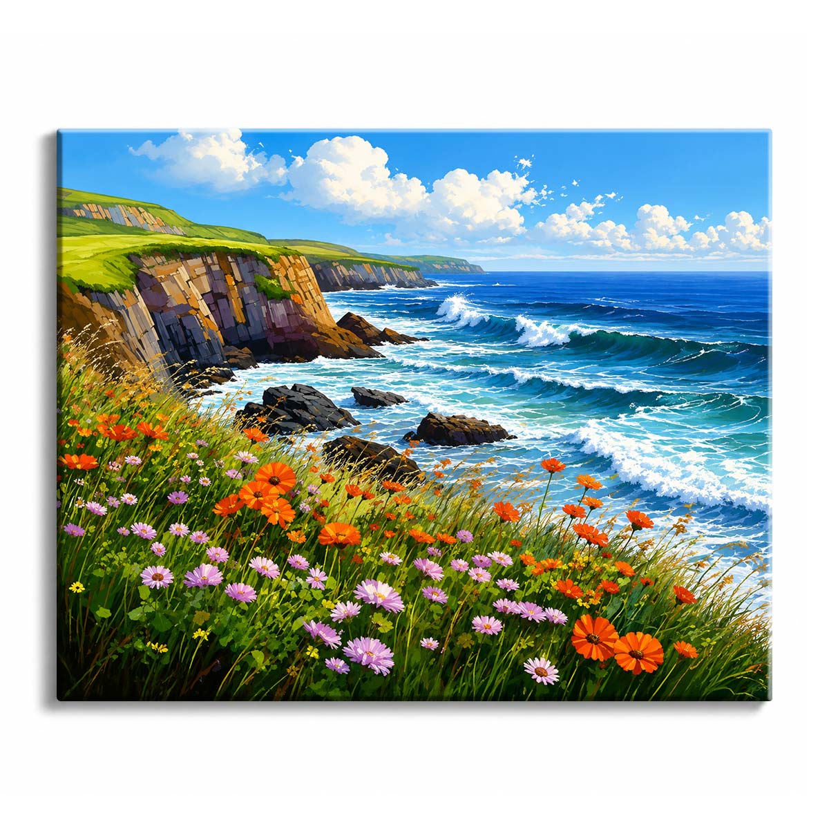 On a grassy clifftop, orange and pink wildflowers sway above breaking waves and layered blue water under a bright sky, in a paint by numbers design.