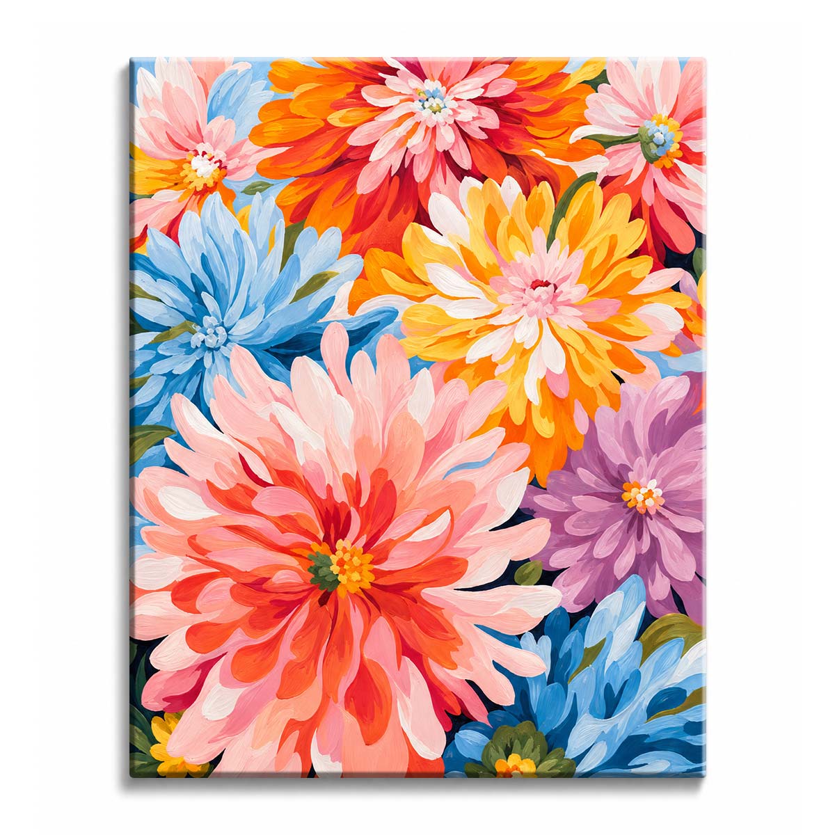 Packed from edge to edge, dahlias in pink, orange, blue, and violet open toward the viewer, in a paint by numbers design.