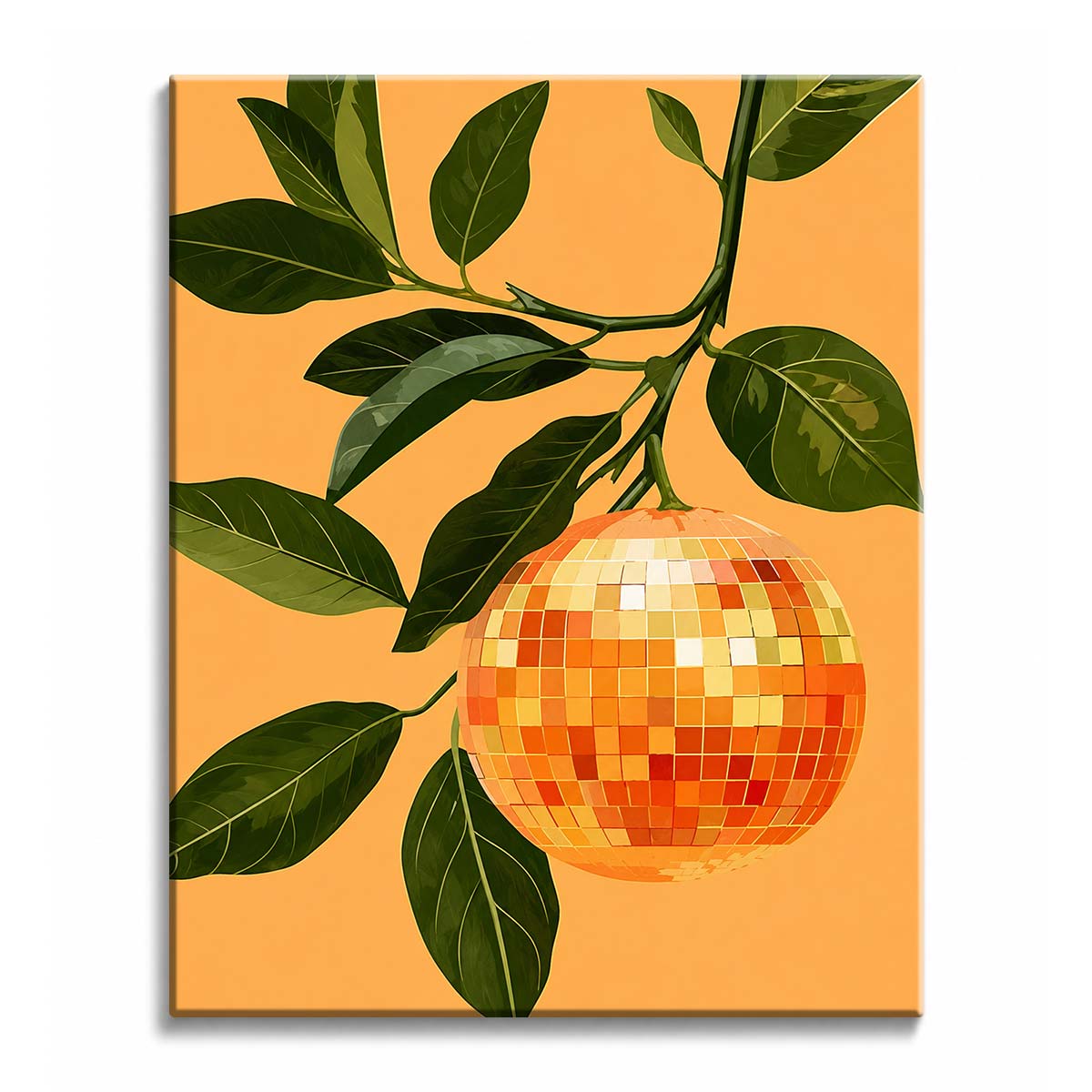 A disco ball hangs like an orange from a leafy citrus branch against a flat apricot background, in a paint by numbers design.