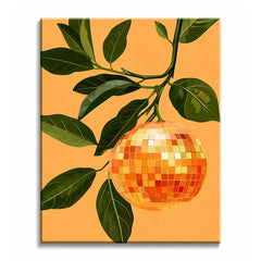 A disco ball hangs like an orange from a leafy citrus branch against a flat apricot background, in a paint by numbers design.