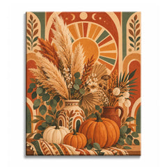 A fall pumpkin paint by numbers design with orange and cream pumpkins, patterned pottery, pampas plumes, dried flowers, green leaves, and a decorative arch backdrop.