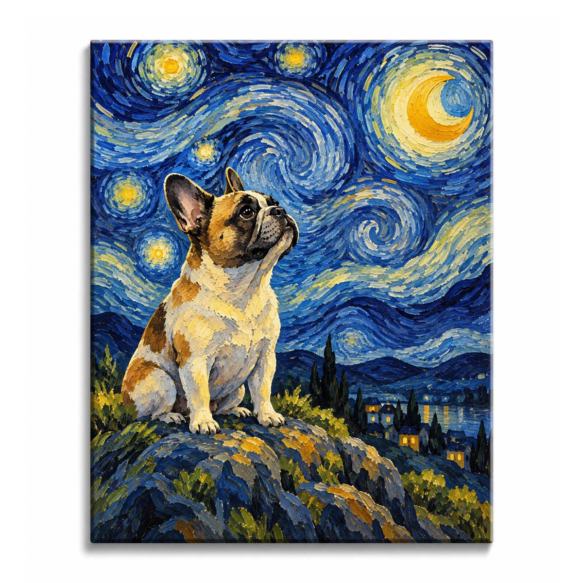 A French bulldog paint by numbers design in Van Gogh style shows the seated dog under a crescent moon, with blue-and-gold sky spirals above distant village lights.

