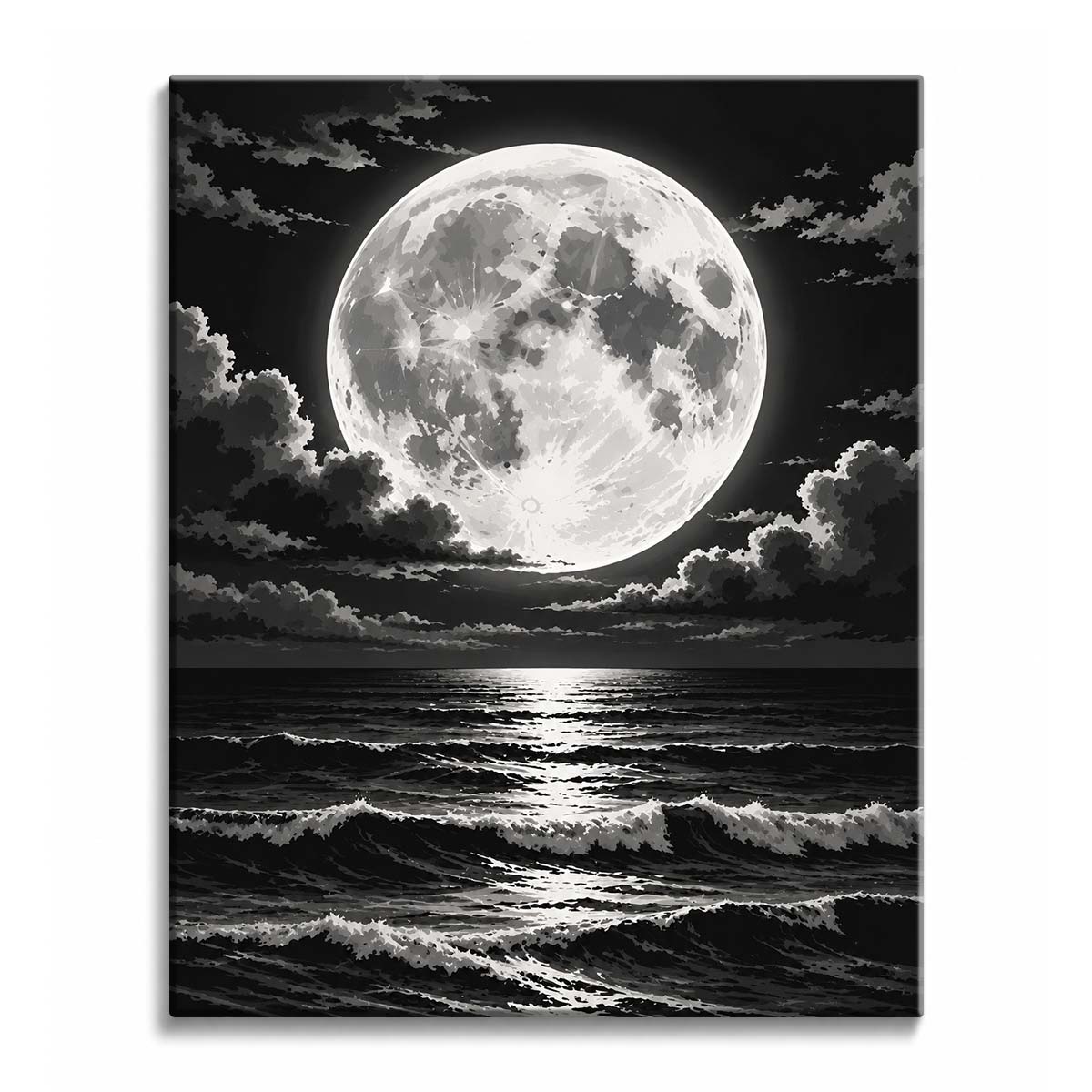 Above a dark, wave-rolled sea, a huge cratered full moon is edged by storm clouds, in a full moon paint by numbers design with a pale path of light across the water.