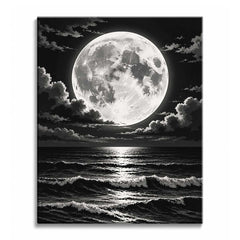 Above a dark, wave-rolled sea, a huge cratered full moon is edged by storm clouds, in a full moon paint by numbers design with a pale path of light across the water.