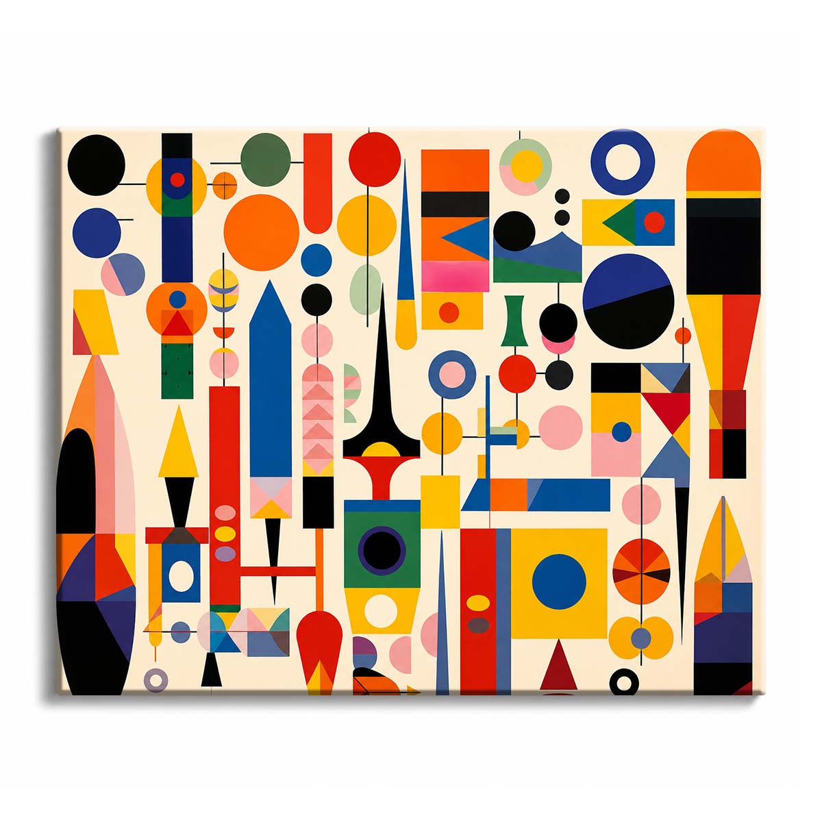 A geometric numbered canvas showing circles, arches, rectangles, lines, and pointed forms in red, orange, yellow, blue, green, pink, and black.