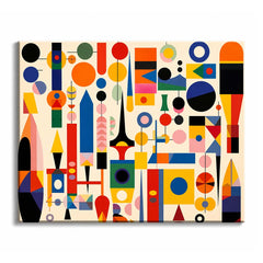 A geometric numbered canvas showing circles, arches, rectangles, lines, and pointed forms in red, orange, yellow, blue, green, pink, and black.