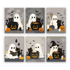 Brewing and reading side by side, a ghost and a black cat appear across six gray-brick Halloween scenes with candles and cauldrons, in a ghost paint by numbers mini set.