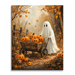 On a leaf-strewn forest path, a ghost pushes a wheelbarrow full of jack-o'-lanterns past a weathered fence, in a ghost paint by numbers design.
