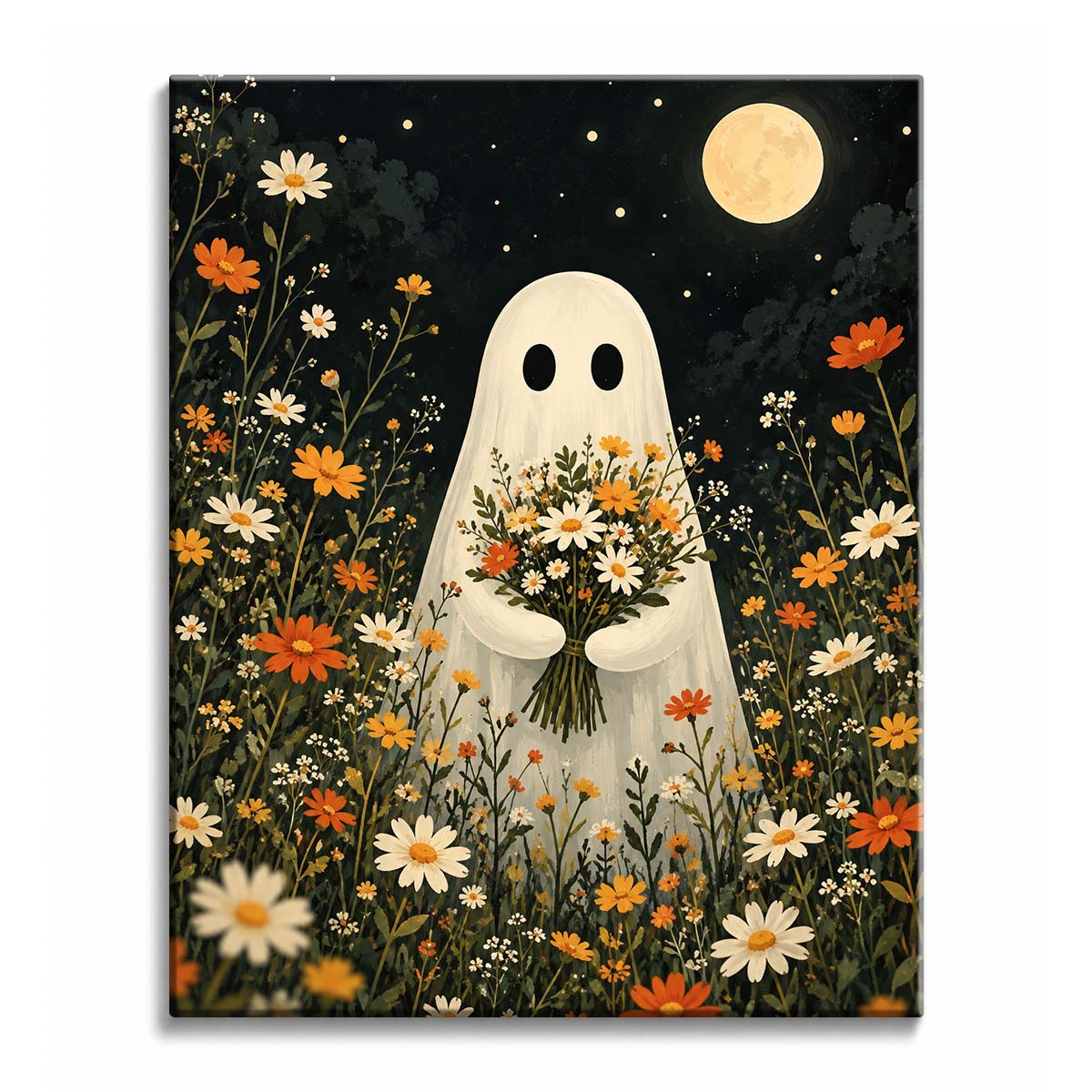 A ghost holding a bouquet of daisies stands in a moonlit wildflower meadow, in a paint by numbers design.