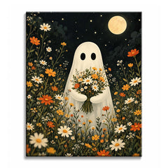 A ghost holding a bouquet of daisies stands in a moonlit wildflower meadow, in a paint by numbers design.