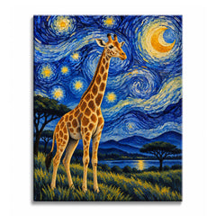 A giraffe paint by numbers design with a tall spotted giraffe beneath a crescent moon, swirling blue sky, distant hills, reflective water, and acacia trees in Van Gogh style.