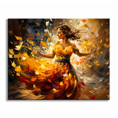 A woman turns in a gold and red gown, her hair lifting behind her as the air around her breaks into flakes of gold, white and blue.