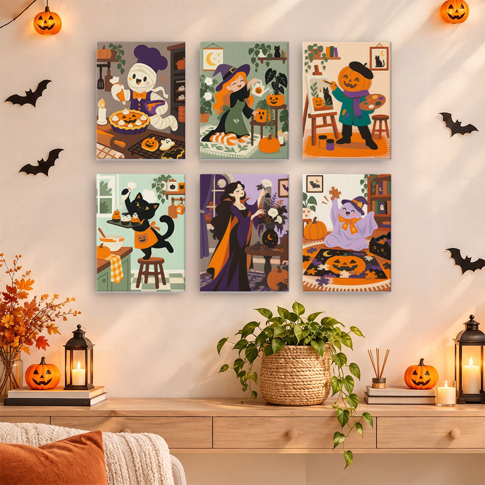 Six small Halloween scenes with a baking mummy, a plant-loving witch, a painting pumpkin-head, a black cat, a vampire, and a ghost, in a mini paint by numbers set.