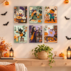Six small Halloween scenes with a baking mummy, a plant-loving witch, a painting pumpkin-head, a black cat, a vampire, and a ghost, in a mini paint by numbers set.