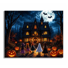 Moonlight shines over a Gothic haunted house as five costumed children walk past glowing jack-o'-lanterns beneath flying bats.