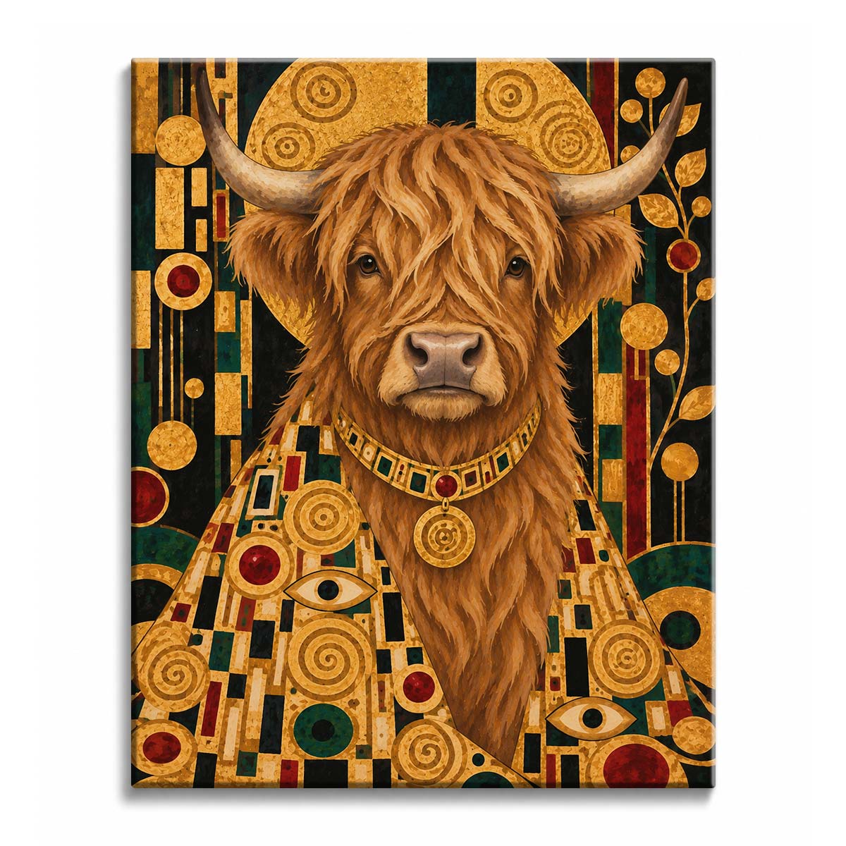 A highland cow paint by numbers design showing a shaggy Highland cow with wide horns and a gold collar before a golden halo on a dark ornamented background.